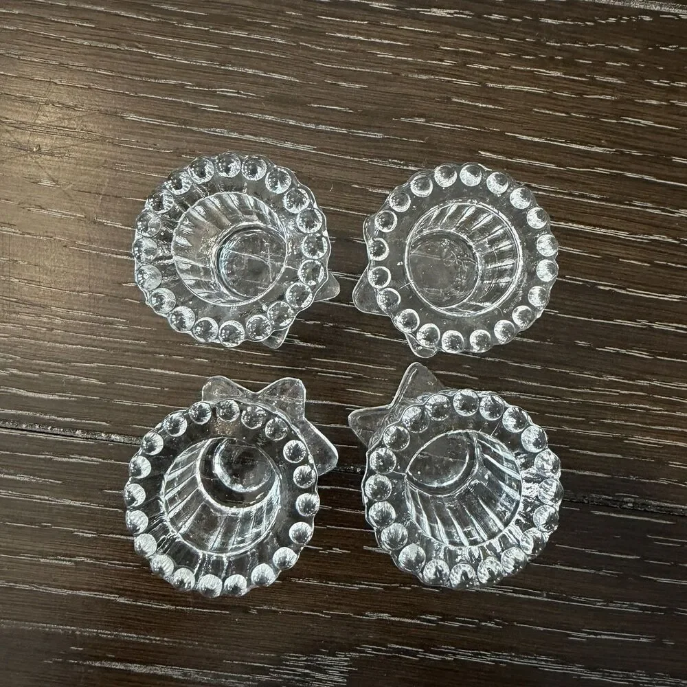 Vintage Glass Star Ribbed Taper Candle Holders Set Of 4
